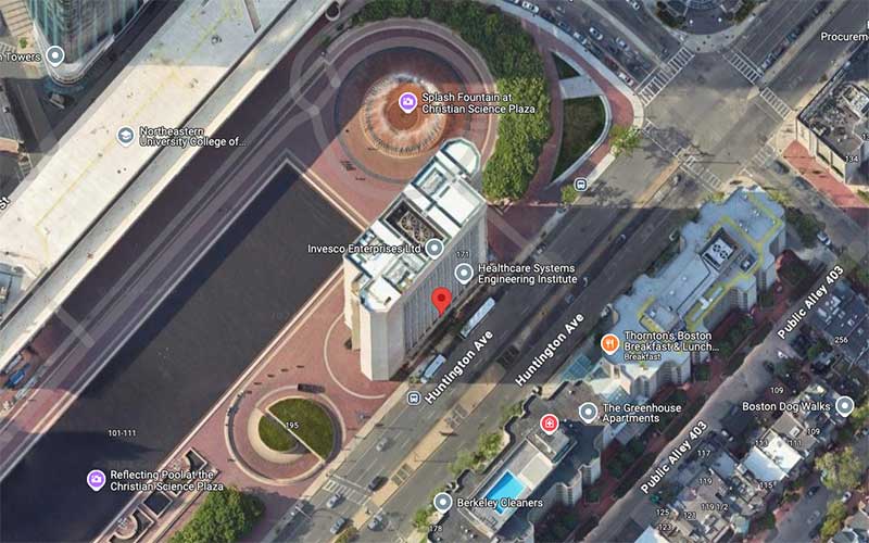 A Google Maps satellite image of 177 Huntington Ave.